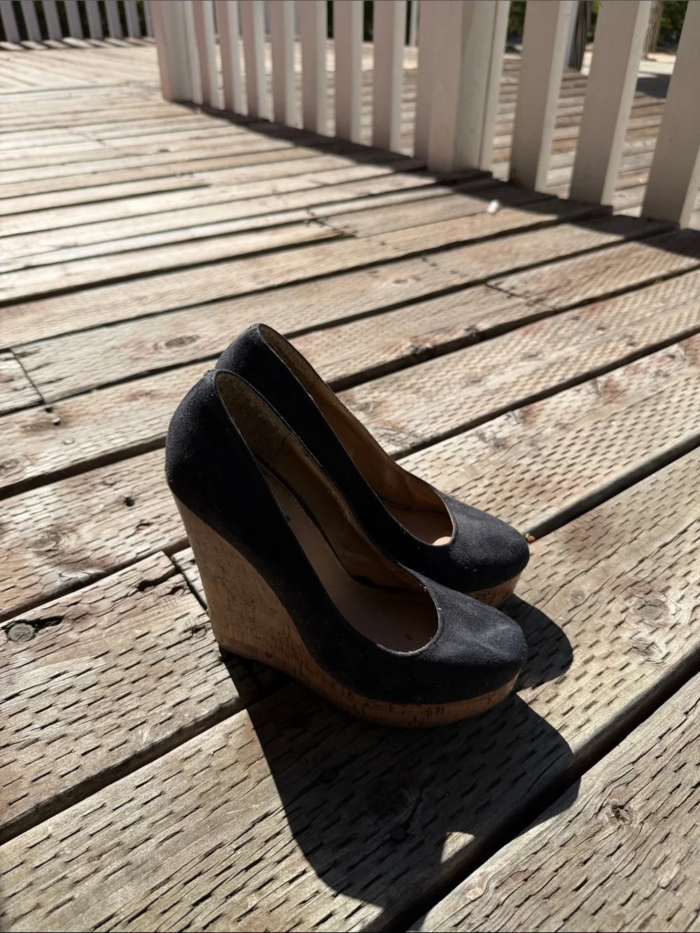 Black Suede Cork Wedge Pumps